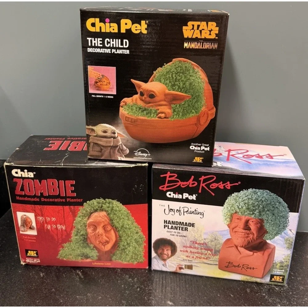 Lot of 3 Chia Pets Bob Ross Grogu The Child Zombie Planters Complete Open Box
